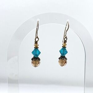 Sterling Silver Teal and Champagne Beaded Drop Earrings Vintage Style